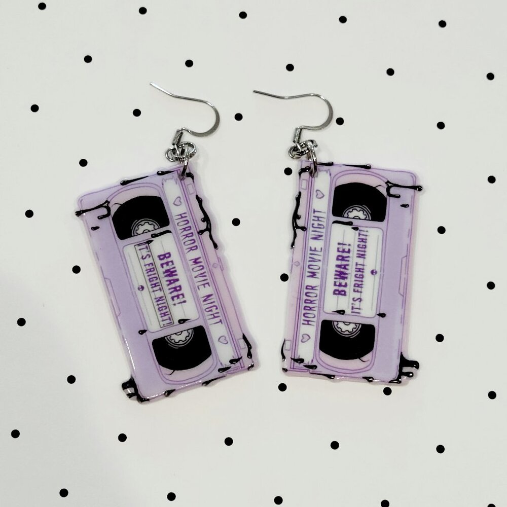 Purple VHS Scary Movie Earrings Scary Movie Horror Fight Night Stainless Hooks